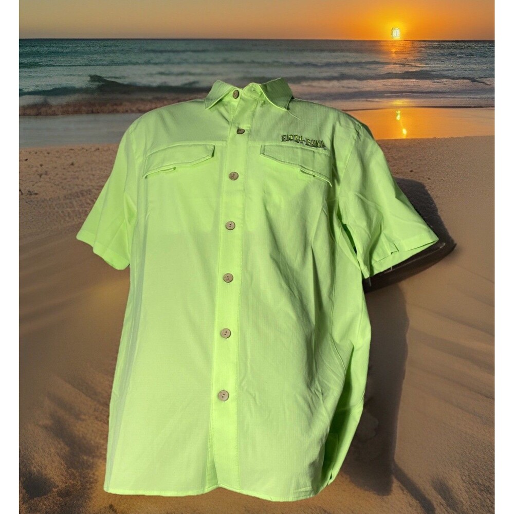 Gillz Flora-Bama Men's Button Up‎ Shirt Fishing Short Sleeve Neon Green Size M